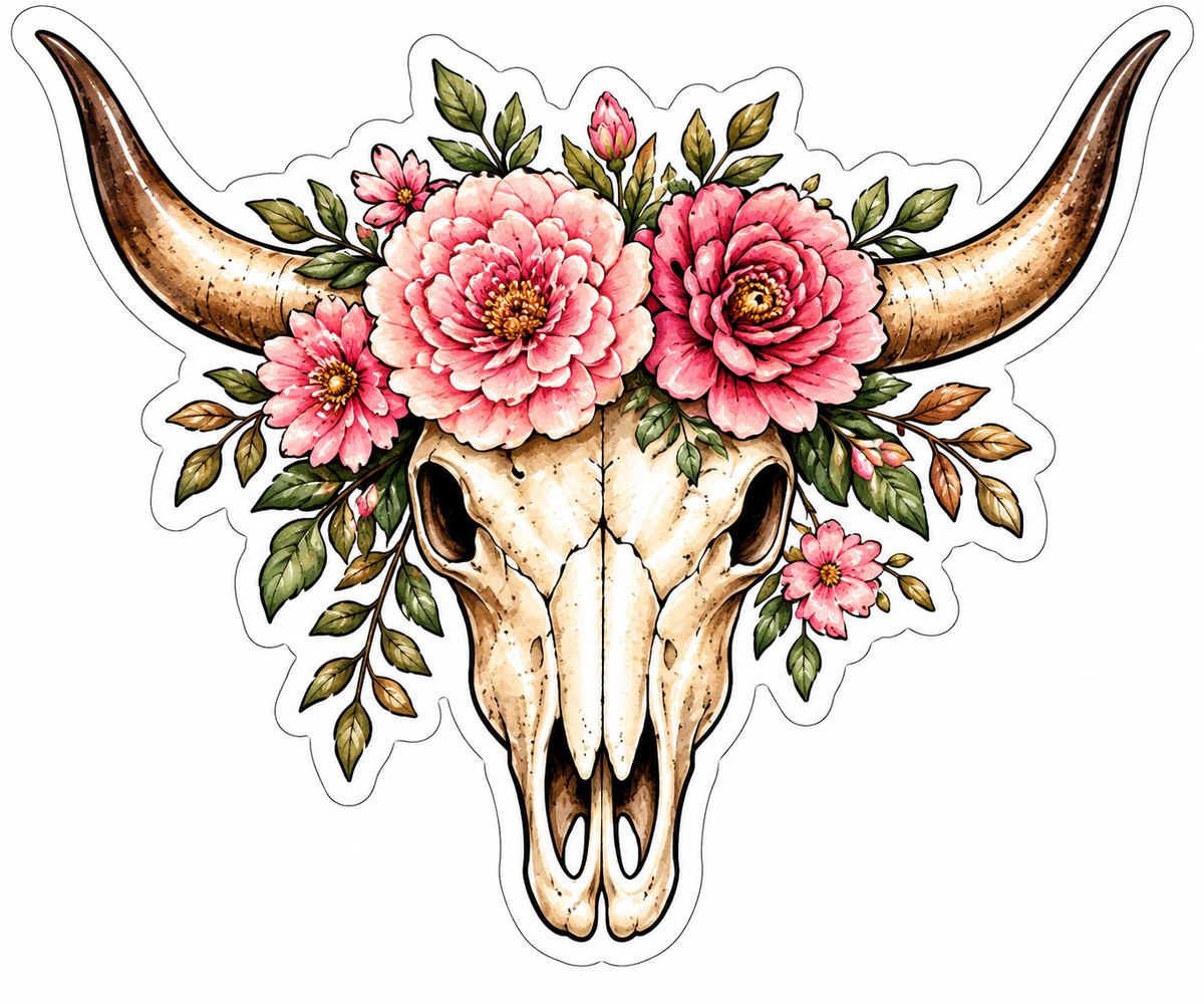 Wildflower Spirit Floral Longhorn Skull Western Sticker