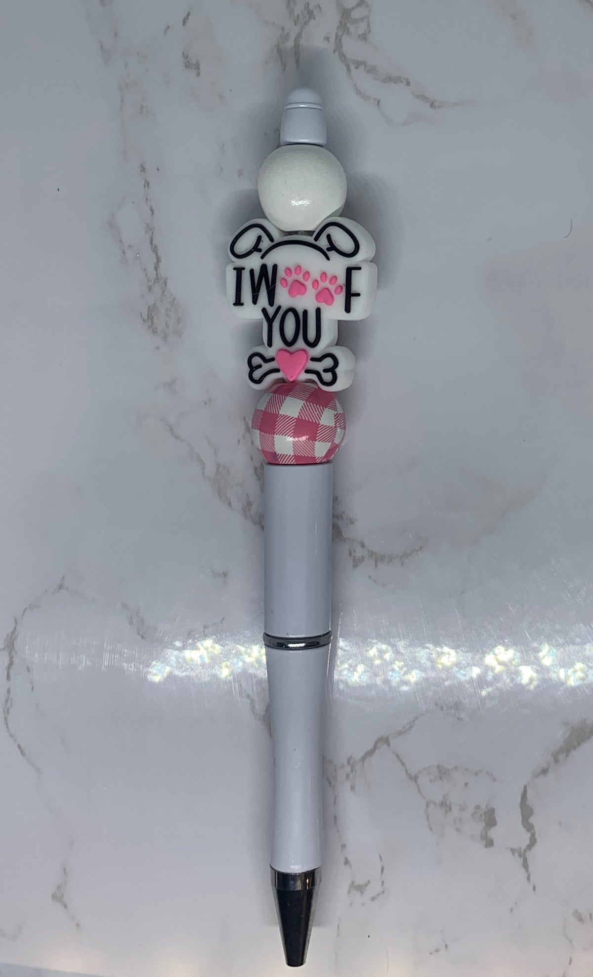 πΎπ I Woof You Handmade Beaded Pen β Pink Gingham Dog Lover Pen