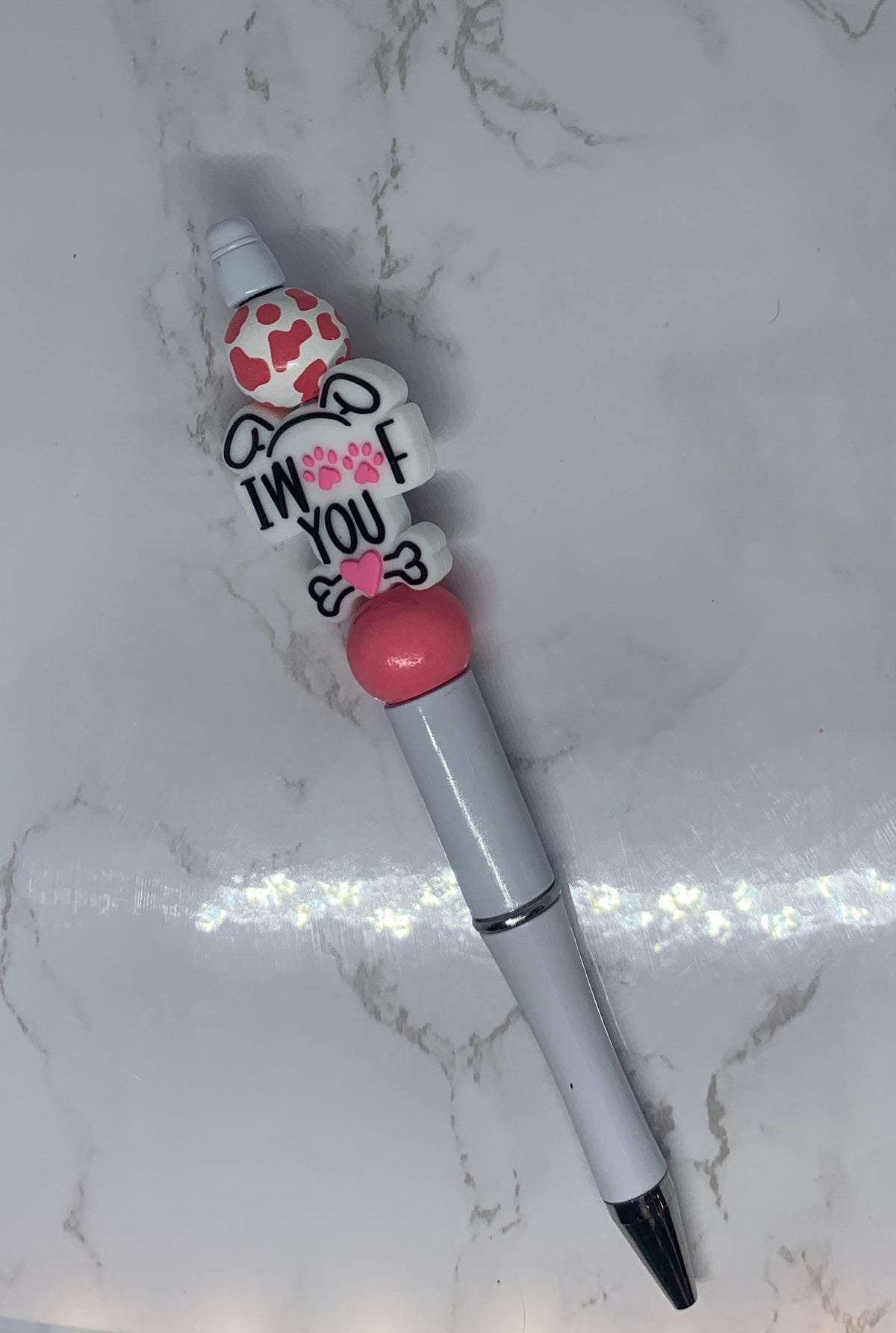 πΎπ I Woof You Handmade Beaded Pen β Pink Cow Print & Paw Print Design