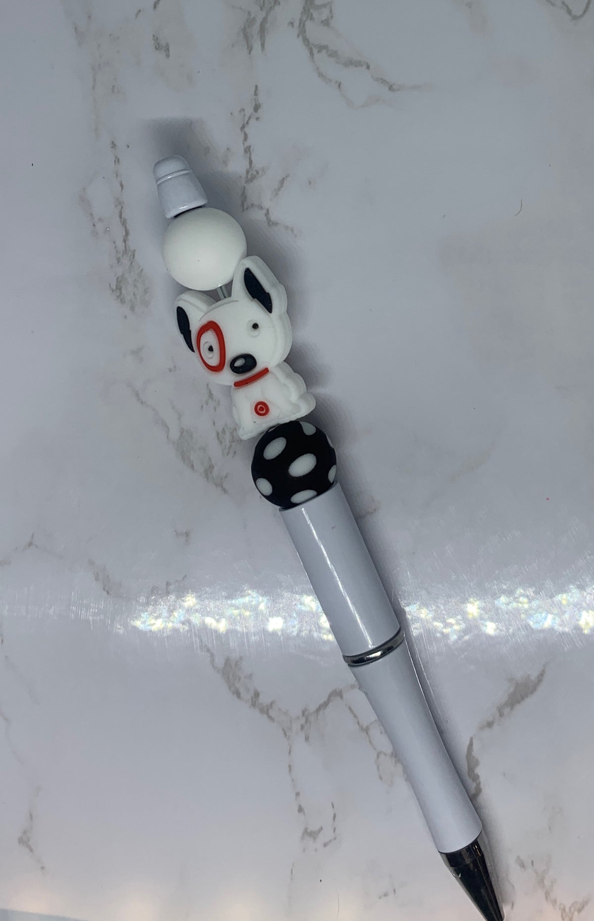π―πΆ Bullseye Dog Handmade Beaded Pen β Black & White Polka Dot Puppy Pen