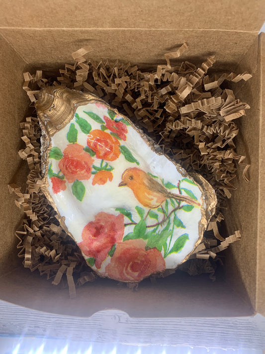 🌸 Songbird & Roses Decorative Oyster Shell