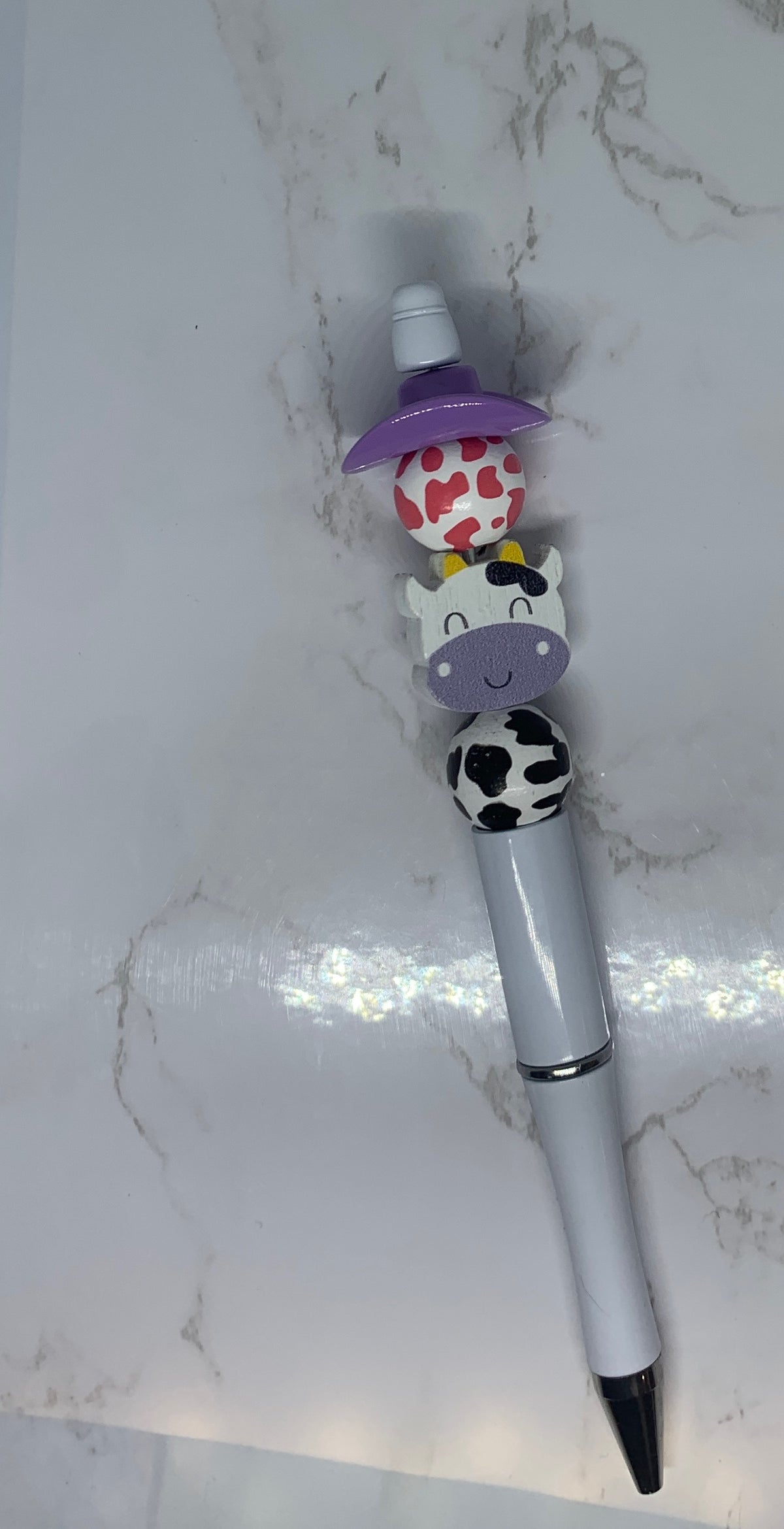 💜🐮 Purple Cowgirl Handmade Beaded Pen – Cute Western Cow Design