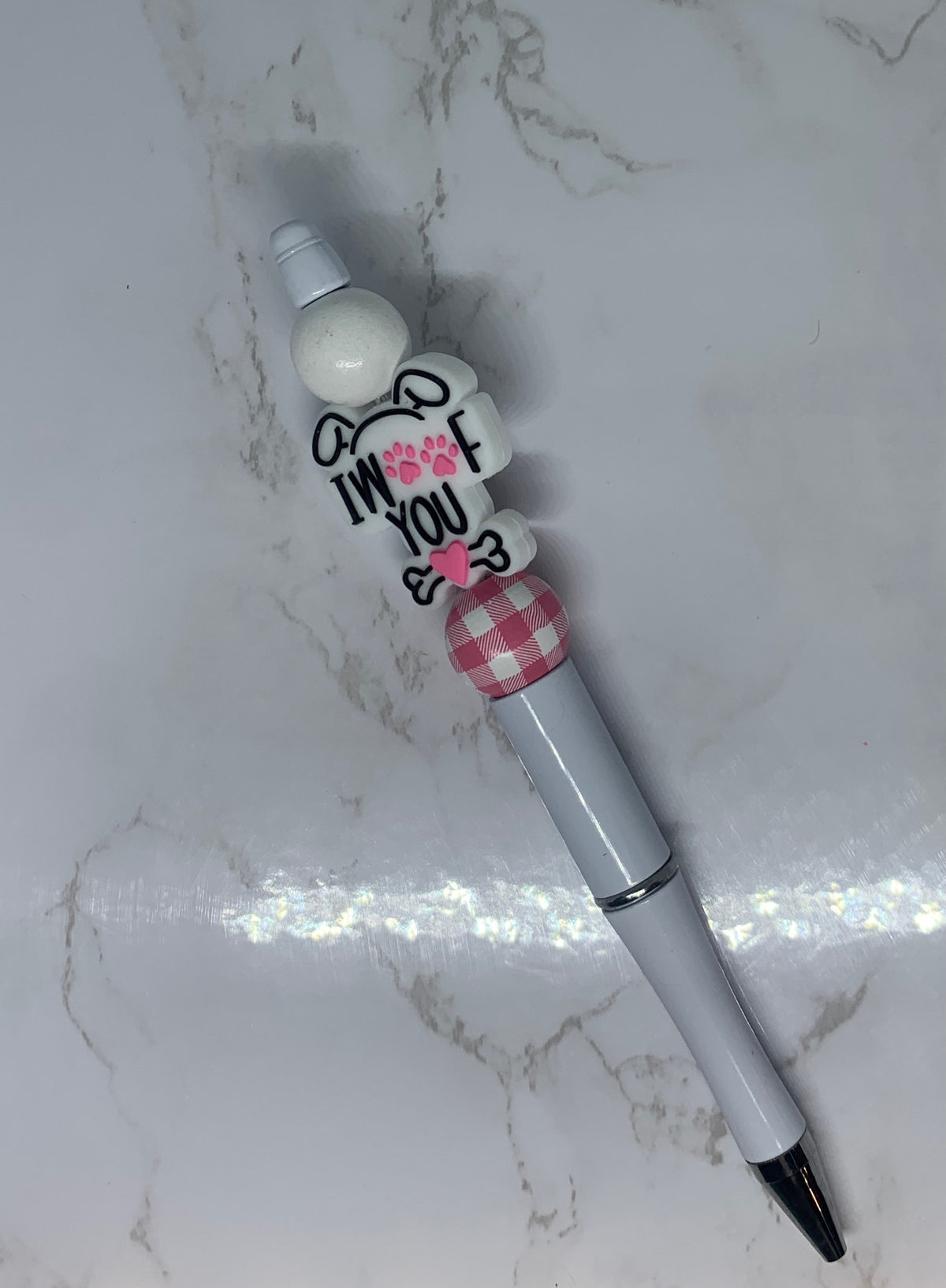 🐾 I Woof You Handmade Beaded Pen – Pink Paw Print &amp; Gingham Design 💕🐶