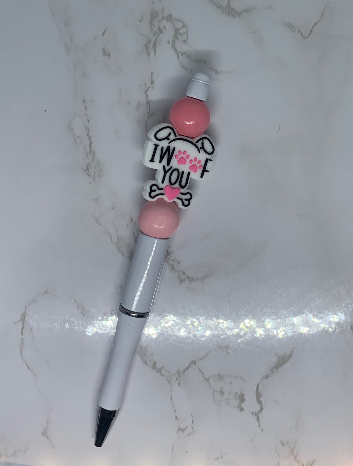 🐾💕 I Woof You Handmade Beaded Pen – Pink Paw Print Dog Lover Pen