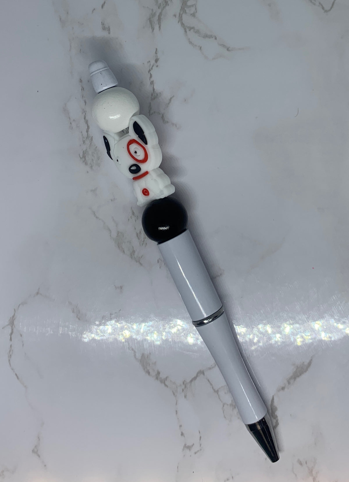 🎯🐶 Bullseye Dog Handmade Beaded Pen – Red, White &amp; Black Puppy Pen