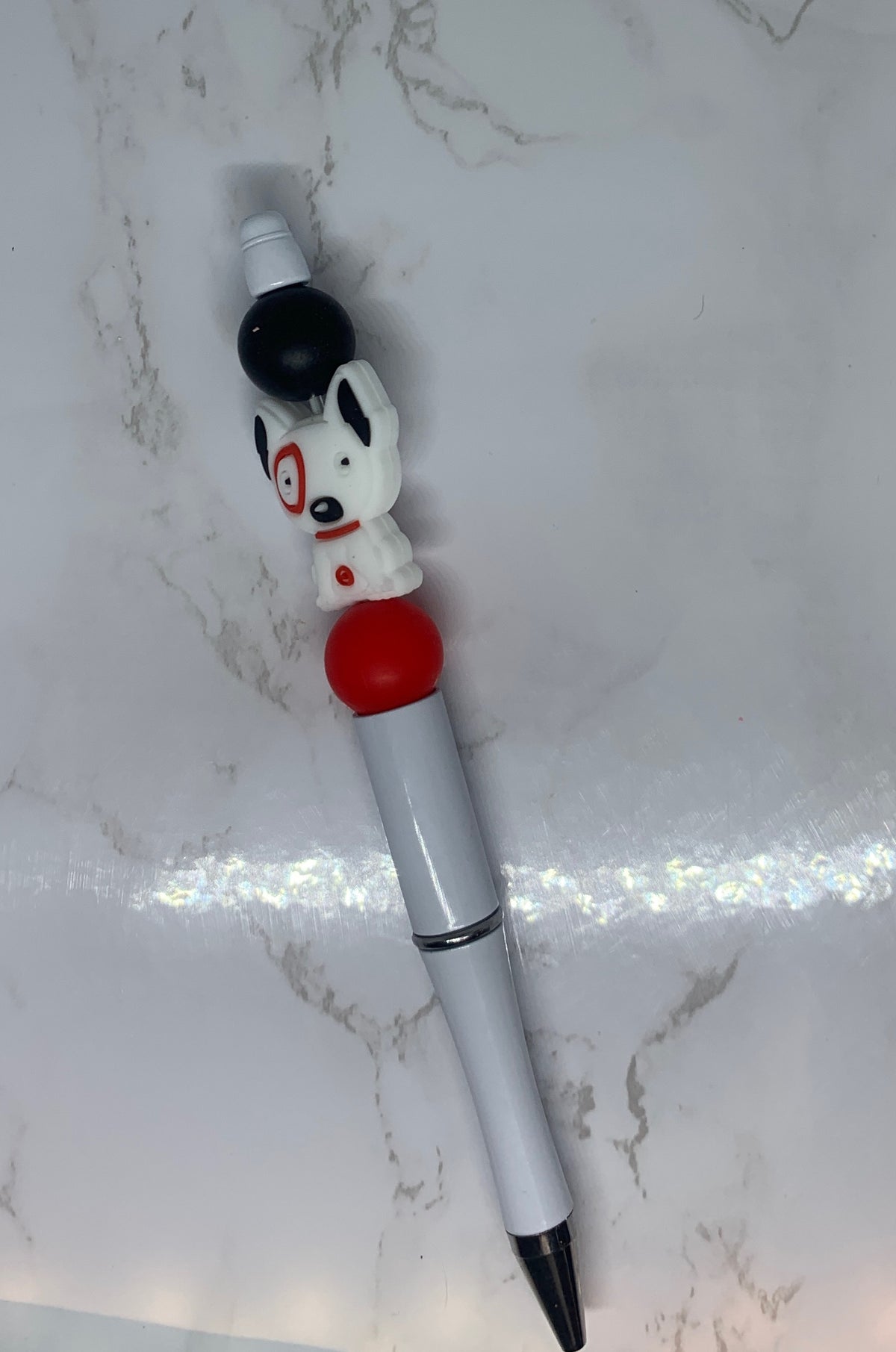 🎯🐶 Bullseye Dog Handmade Beaded Pen – Red, White &amp; Black Puppy Pen
